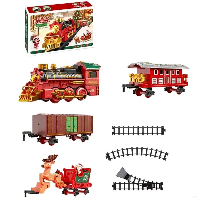 Motorized Christmas Train Set with Water Mist, Light Effects and Train Sounds, Connectable Track for Children Indoor Play A2UB