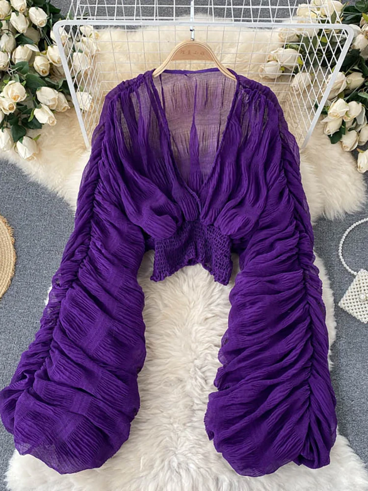 

Новая модная летняя сексуальная блузка из драпированного шифона для женщин, элегантная, с V-образным вырезом, пышными длинными рукавами, короткий топ, приталенная женская рубашка для вечеринок