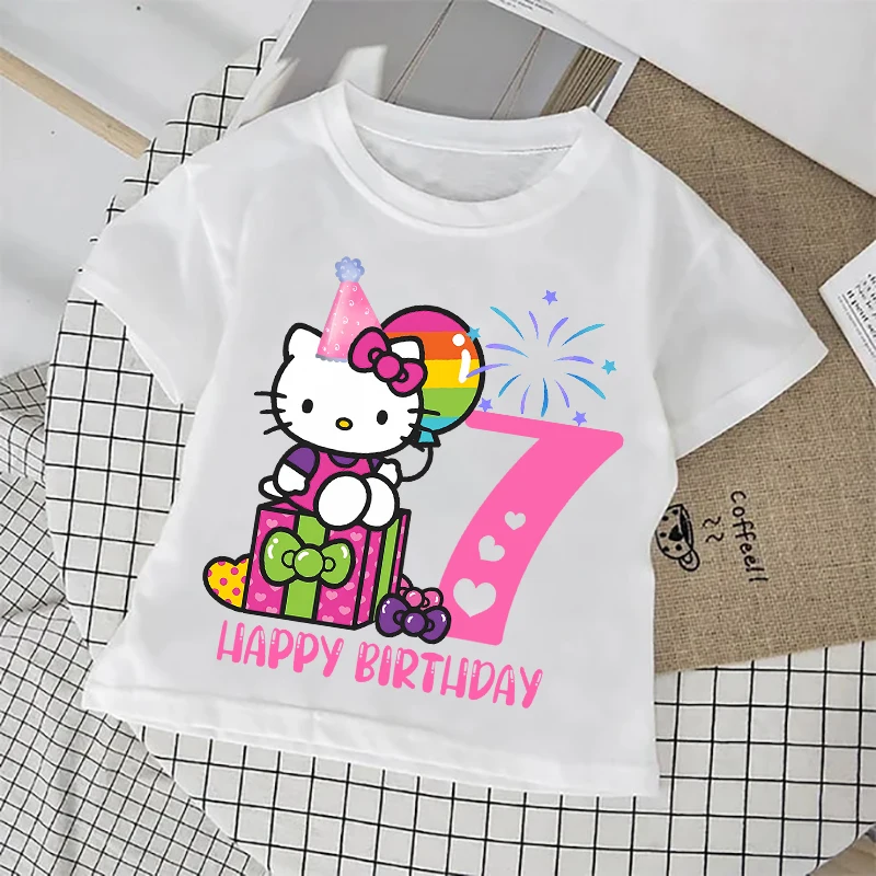 Hello Kitty Birthday Number T-shirt Short Sleeve Tee Summer Kids White Top Clothes Girls T-Shirts Children Cotton Cute T Shirt view 3