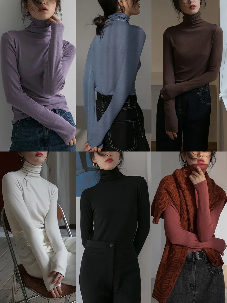 Six-color pile turtleneck elastic bottoming shirt female autumn and winter black coffee apricot sanding long sleeve T-shirt