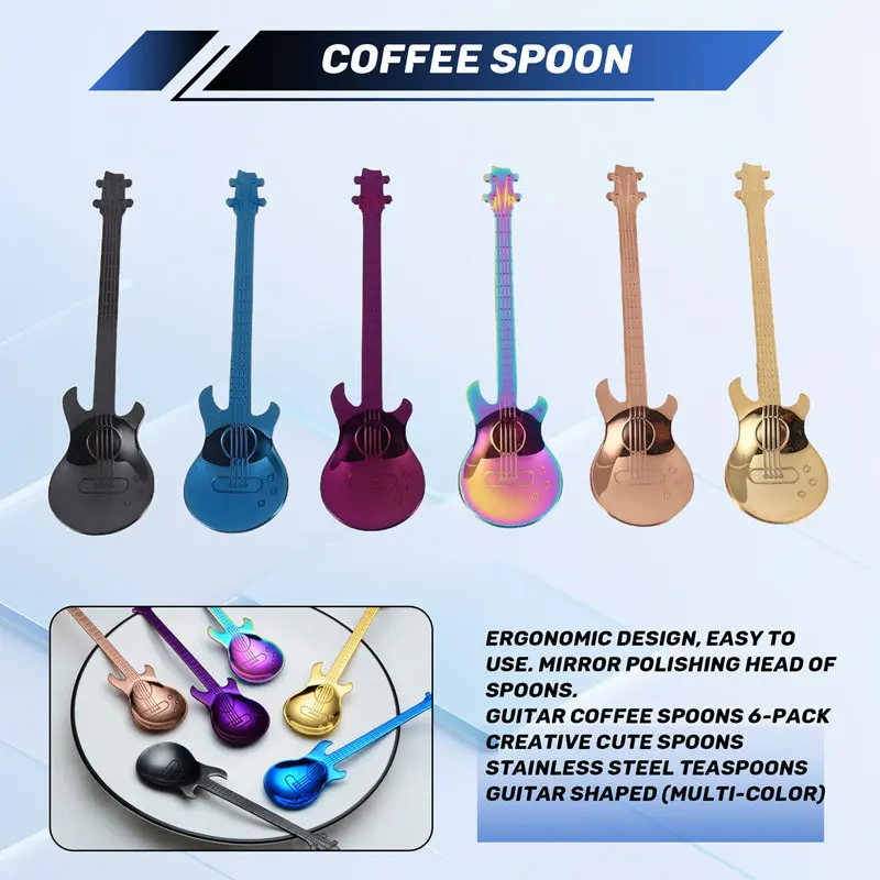 Guitar Coffee Spoons 6-Pack Creative Cute Spoons Stainless Steel Teaspoons Guitar Shaped (Multi-Color)-A03I