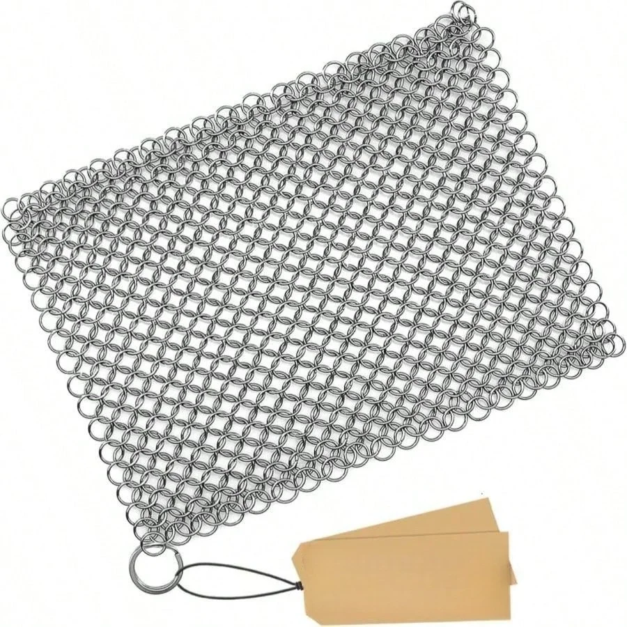 Cast Iron Scrubber 316 Stainless Steel Skillet Cleaner ; Chainmail Scrubber Scraper Chain Mail Link Scrub For Cast Iron Pre-Seasoned Pans, Griddles, BBQ Grills, And Pot Cookware Cleaning