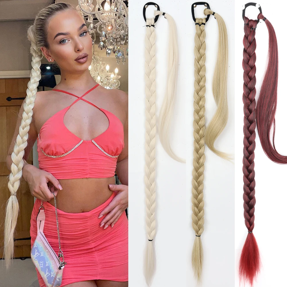 

Braided Ponytail Extensions Natural Synthetic 85cm DIY Long Straight Black Blonde Rubber Band Hairpiece Pony Tail For Women