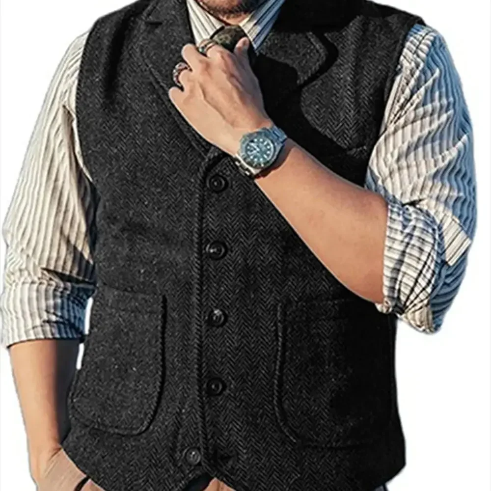 Green Men's Vest Tweed Waistcoat Slim Fit  Big Pocket V-Neck Herringbone Pattern Winter Wool Suit Vest Gentleman Wedding Clothes