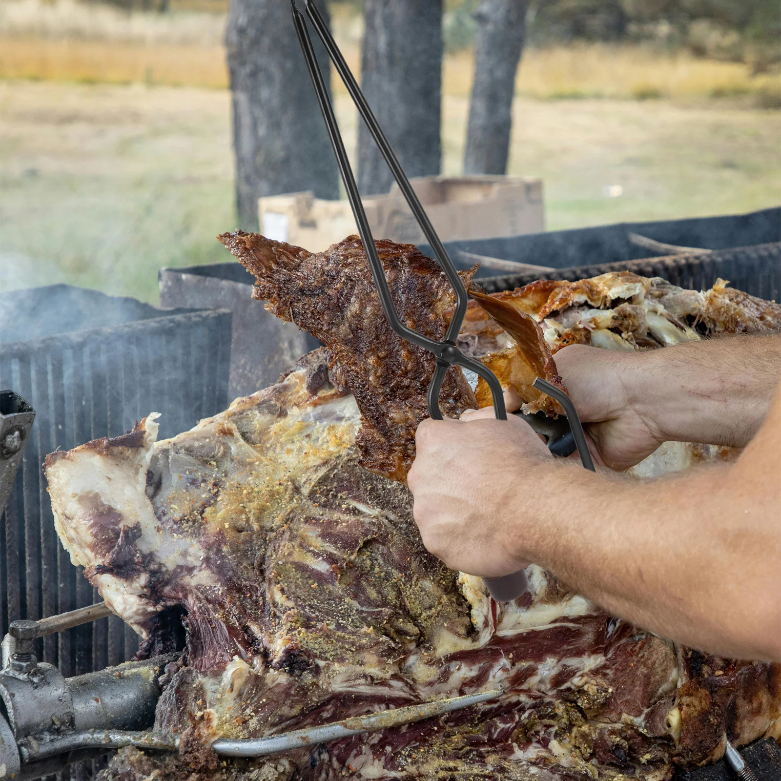 

1pc Bbq Tongs Extra Long Carbon Steel Grill Clip Wooden Handle For Camping Cooking Barbecue Grilling Outdoor Iron Food Clamp