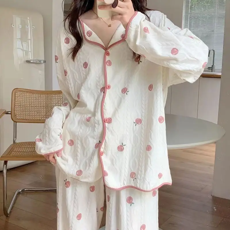 New Women\'s Cotton Pajamas Homewear Ms. Korean Version of The Long-sleeved Cardigan Court Cute Sweet Can Be Worn Outside Pajamas