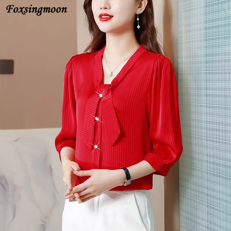 

Women's Bow Chiffon Blouse Short Sleeve Tops Loose Lady Casual Clothing Summer Fashion New M-4XL 2022