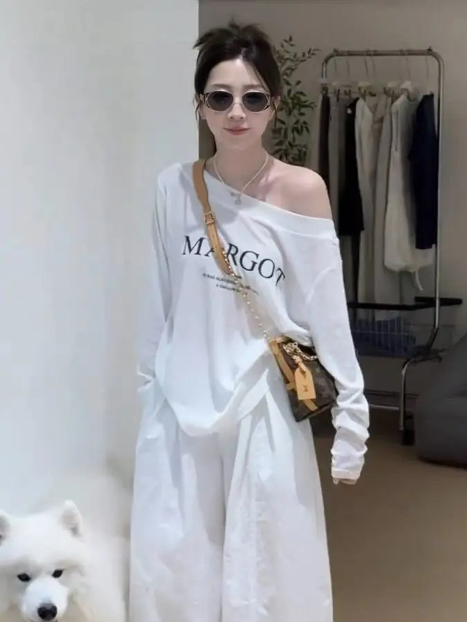 

Fashionable Korean Style Shoulder Bared Long Sleeve T Shirt Women's Summer Casual Print Top Anti Aging High Waist Pants Set