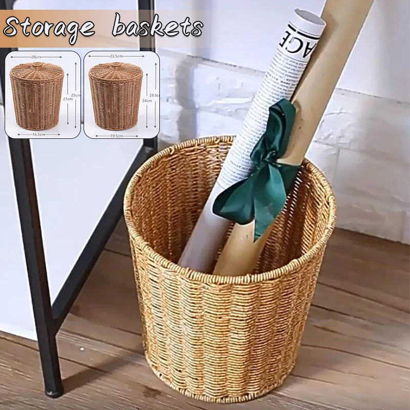 Faux Rattan Storage Basket Woven Laundry Basket Toy Storage Boxes Waste Creative Basket with Lid for Livingroom Bedroom Bathroom