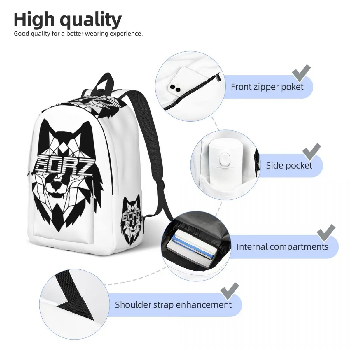 Mochila clásica Chechen Borz Wolf con bolsillo, mochila de trabajo para estudiantes con escudo de armas para hombres y mujeres, bolso de hombro universitario