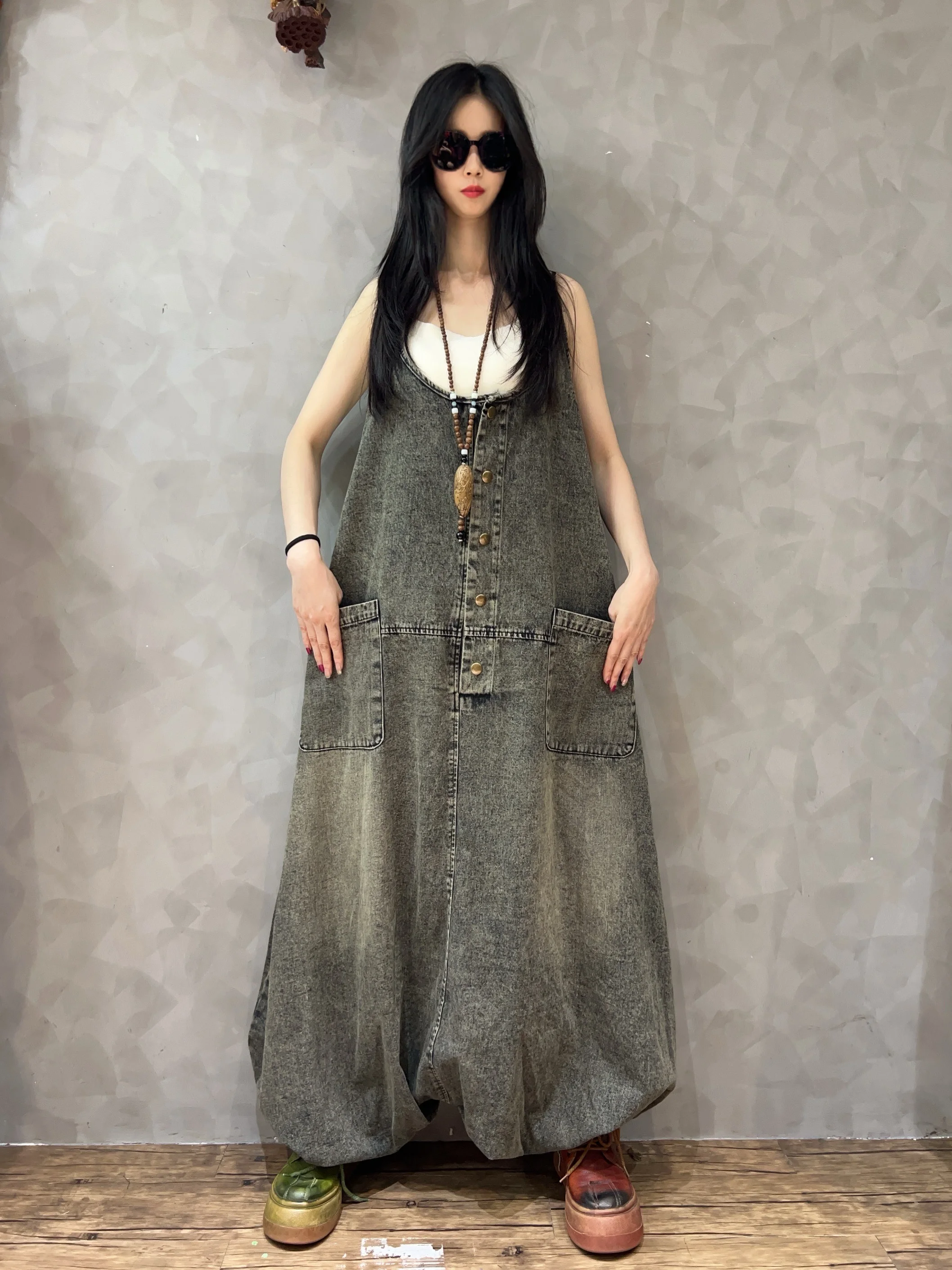 

Джинсовые комбинезоны в стиле ретро, женские свободные большие размеры, повседневные широкие брюки Харлан, модные весенние длинные брюки с высокой талией