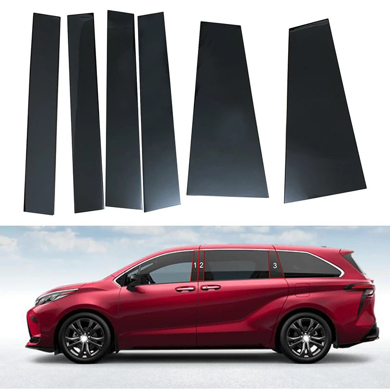 6pcs Set Glossy Black Pillar Post Door Side Window Trim Decal Cover Car Stickers Kit Fit For Toyota Sienna 2021-2024 2023 2022