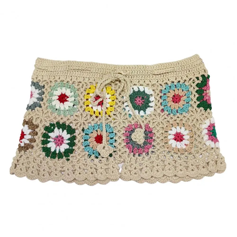 Calções de praia de crochê coloridos femininos, cordão de cintura alta, biquíni de férias, design oco, senhora