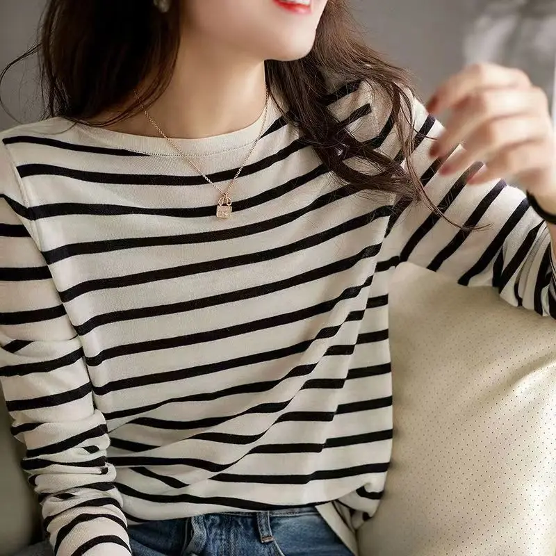 Spring Autumn Round Neck Long Sleeve Fashion Sweater Women High Street Striped Contrast Color Pullovers Elegant All-match Tops