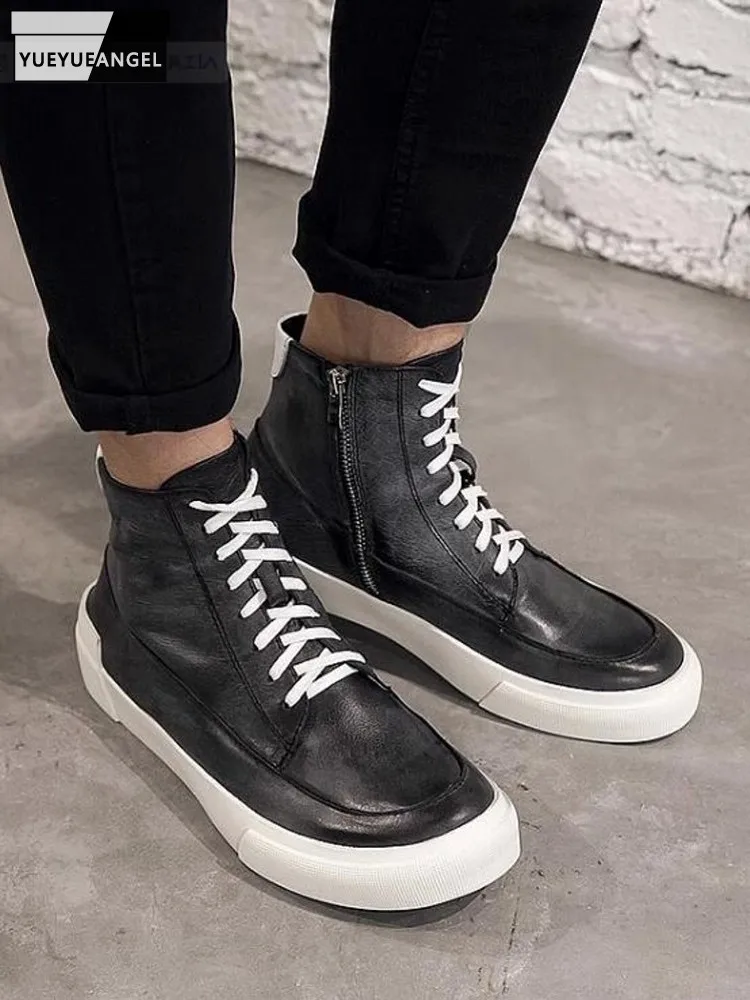 Mens Casual Zipper High Top Skateboard Shoes Lace Up Thick Platform Genuine Leather Shoes Male Outside Joggers Trainers Sneakers