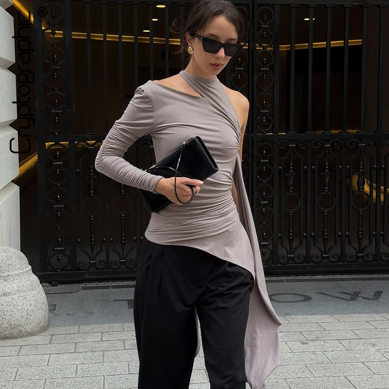 

Cryptographic One Shoulder Sexy Cut Out Asymmetrical Top for Women Elegant Long Sleeve Pullovers Slim Ruched Top Fall Clothes
