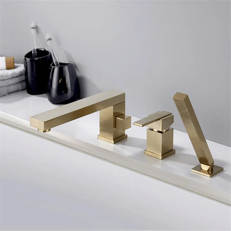 Tuqiu Brushed Gold Bathtub Faucet Widespread Tub Sink Mixer Tap black Brass Bathroom Bath Shower Faucet with Hand shower Head