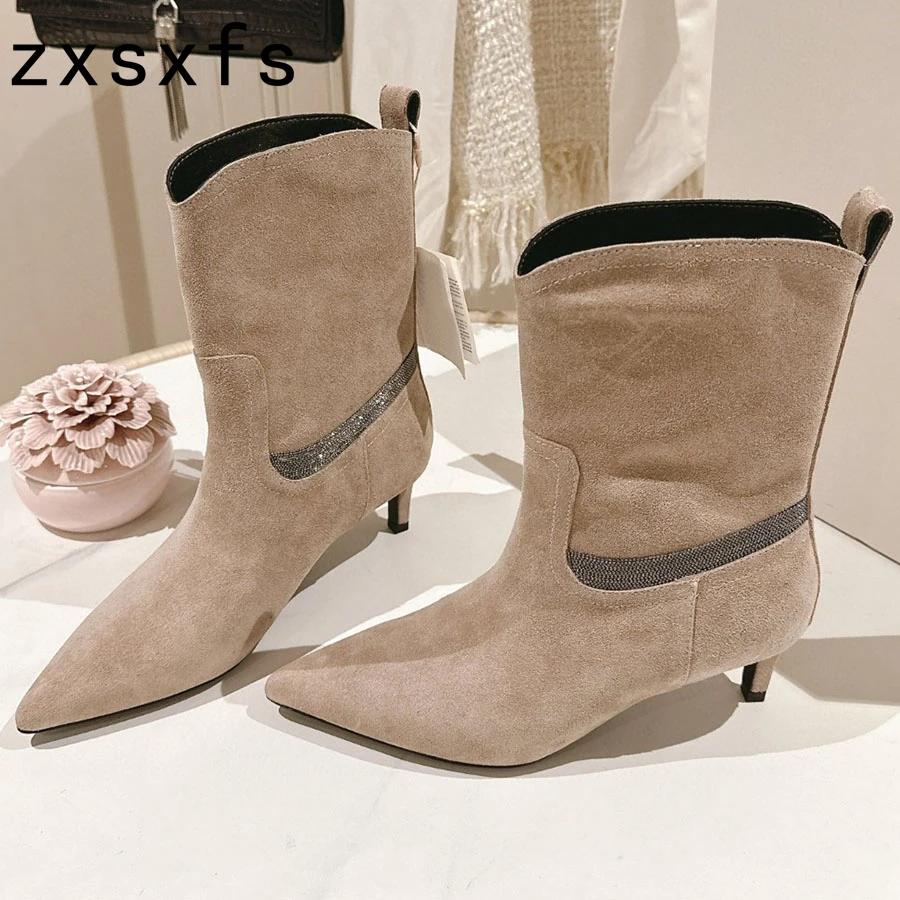 

zxsxfs Real Leather Ankle Boots For Women Kitten Heel Party Shoes Ladies Runway Short Boots Classic Autumn Botas Mujer 2024