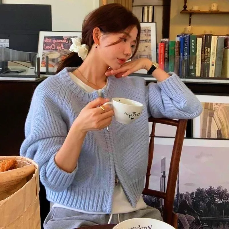 

Spring Autumn Retro Agel Double Zipper round Ne Knitted Open Cardigan Women's Top Chic Slimming Warm ort Sweater Jaet