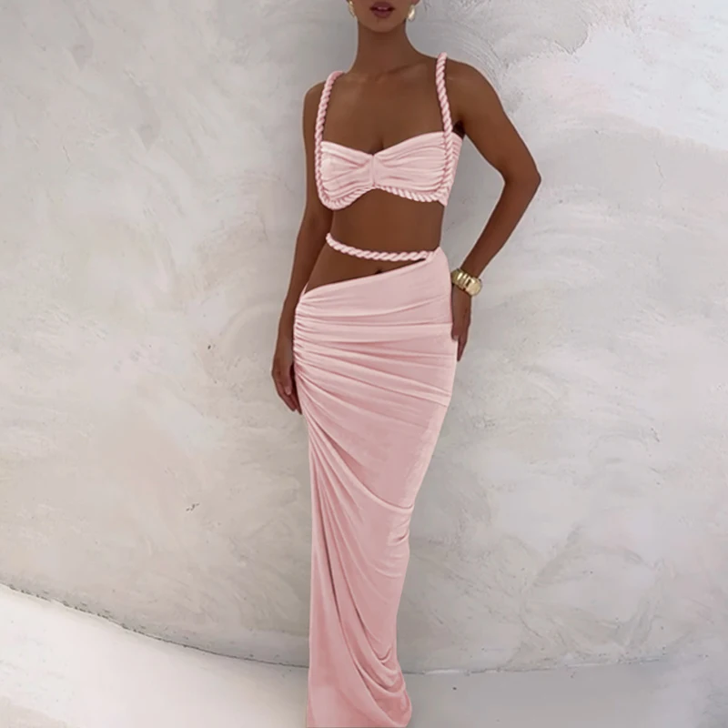 

Seaside vacation style backless small camisole vest hip hugging skirt set, sexy bikini solid color spring/summer new style set