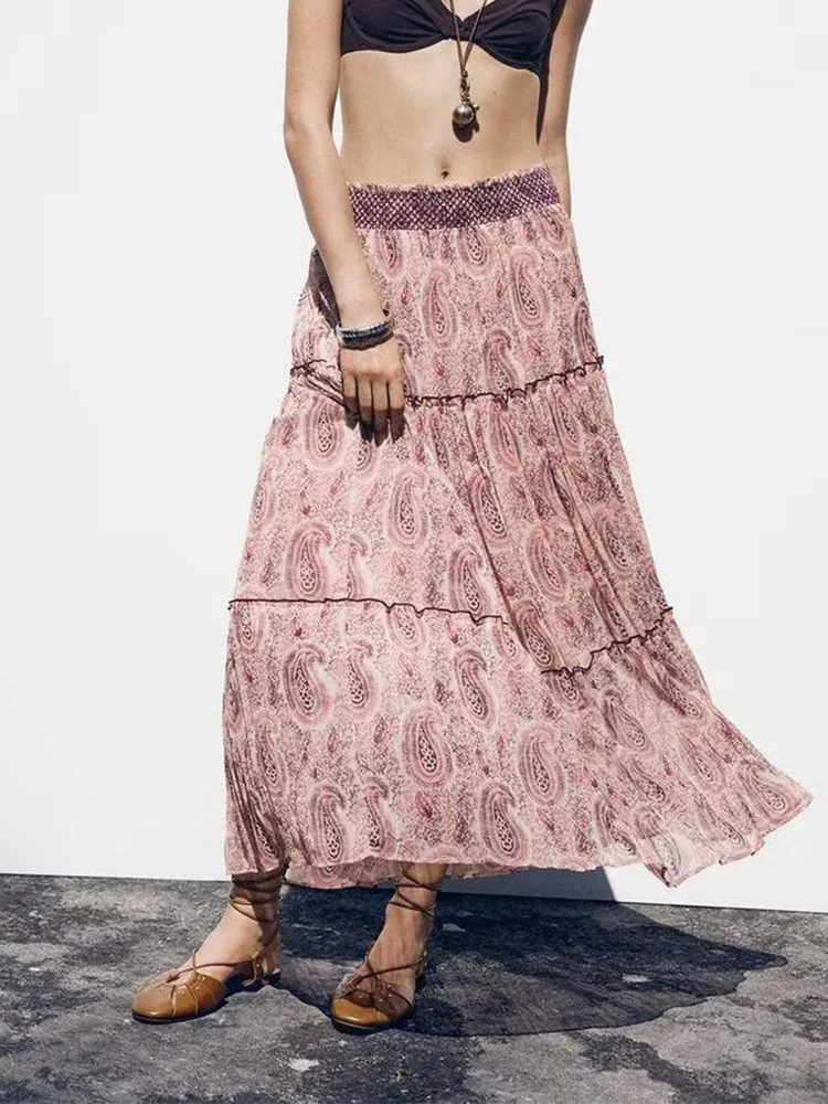 

European and American style summer new women's clothing temperament slim high waist printed layered fashion long midi skirt