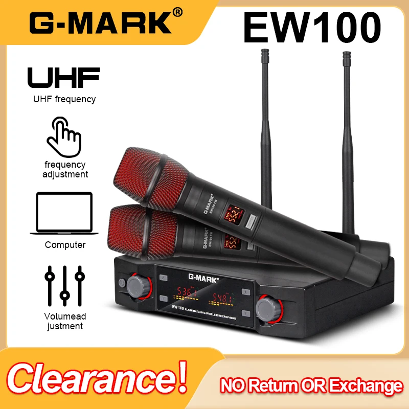 G-MARK-micrófono inalámbrico EW100, profesional, UHF, 2 canales, portátil, frecuencia ajustable de 50M, para fiesta, espectáculo y escenario