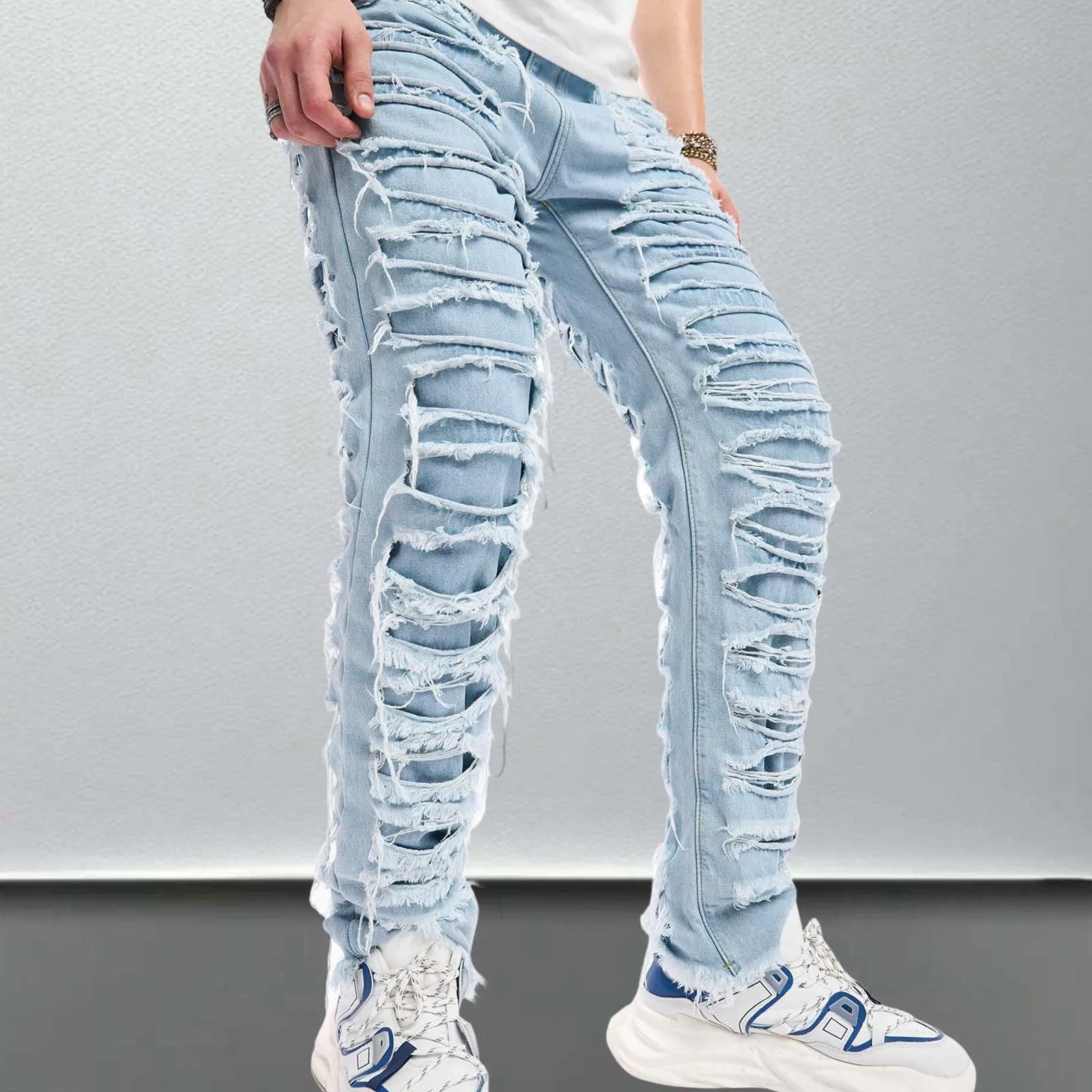 

Men's Regular Fit Stacked Jeans Ripped Slim Fit Patch Distressed Destroyed Straight Denim Pants Hip Hop Streetwear Trouser Cloth