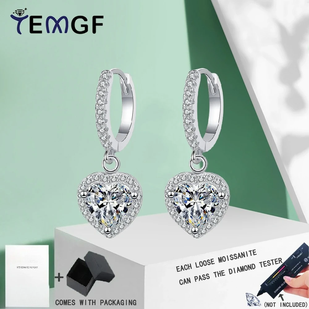 

TEMGF 6.5mm Heart Cut Moissanite Drop Earrings for Women GRA Certification 925 Sterling Silver Ear Jewelry Love Gifts 2CT/Pair