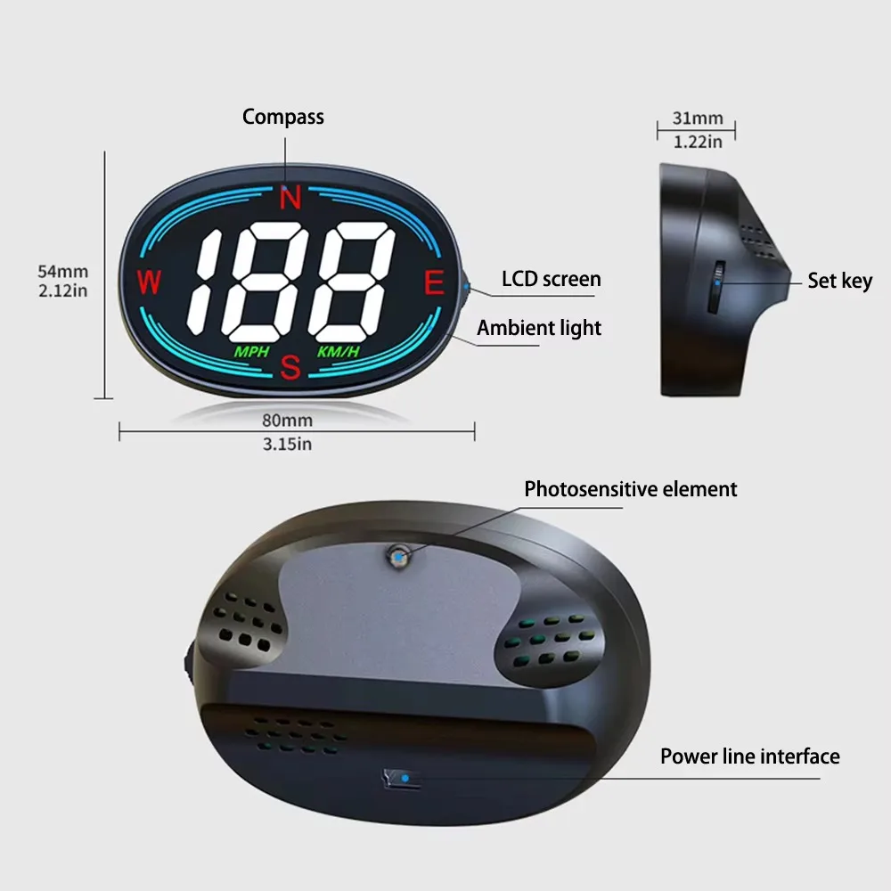 

Plug&Play GPS HUD Car Head Up Display Compass Atmosphere Light Car Digital Speedometer Overspeed Alarm KMH/MPH