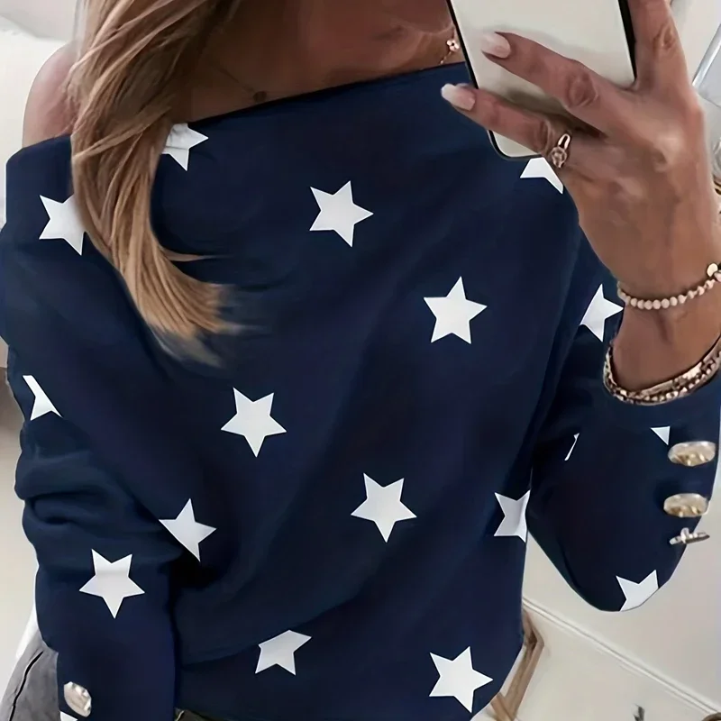 Women\'s Plus Size 1XL-5XL Ladies Casual Fashion Printed Long Sleeved Button Pullover Off Shoulder Star Print Loose Tops