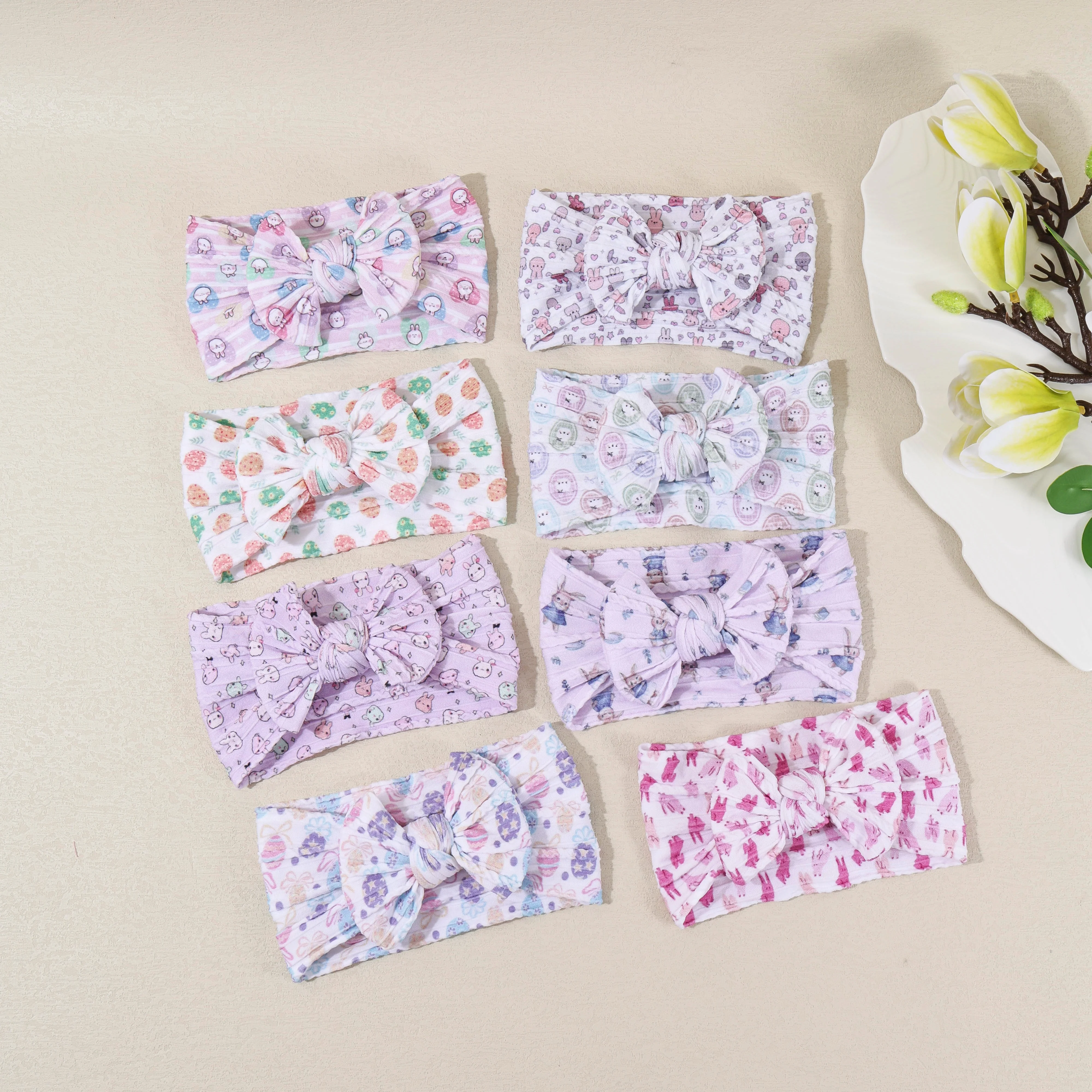 20pc Cartoon Pink Bunny Ear Headbands Nylon Cable Knit Turban Easter Egg Print Baby Headwear Kids Girls Easter Day Accessories