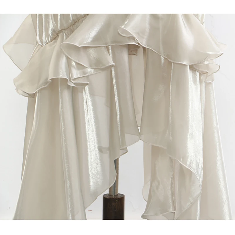 JUNLINNA Damska Spódnica na Imprezę Świąteczną Jednolity Kolor Asymetryczne Falbany Pół Sukienka Elastyczna Talia