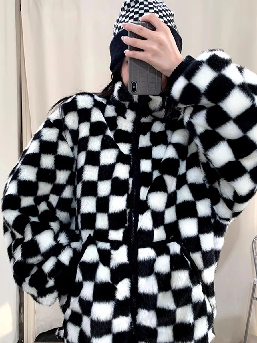 NIGO LP Women's Winter Checked Warm Colorblocking Zipper Long Sleeve Cotton Jacket #nigo61312