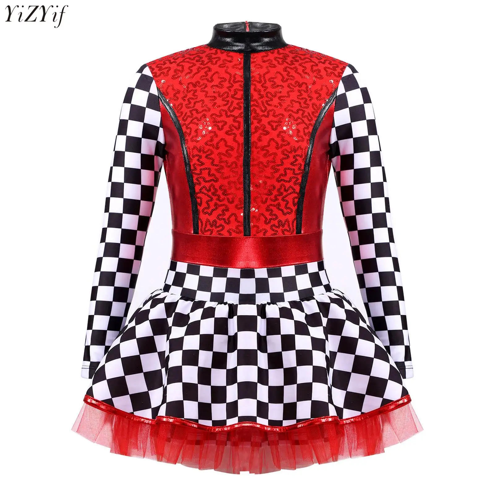 

Kids Girls Racer Racing Driver Jumpsuit Halloween Cosplay Costume Sequins Checkerboard Long Sleeve Ballet Leotard Tutu Dress