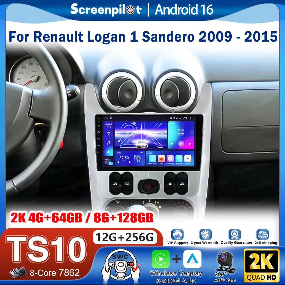 Android 16 For Renault Logan 1 Sandero 2009 - 2015 Car Radio Stereo Head Unit CarPlay Auto Touch Screen Wifi 8 Core GPS 4G