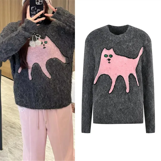 

High-End European Style Cartoon Lazy Lightning Knitted Sweater Women's Fashionable Flower Pattern Long Sleeve Knitwear