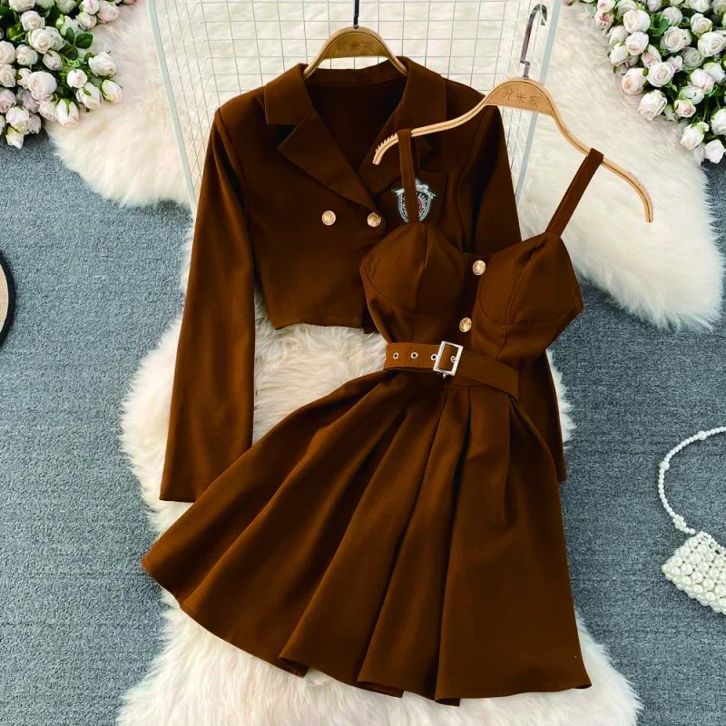 Autumn Women Suit New Korean Fashion Short Coat Wrapped Waist Slimming A-line Short Slip Dress Set Two Piece Set Women Outfits