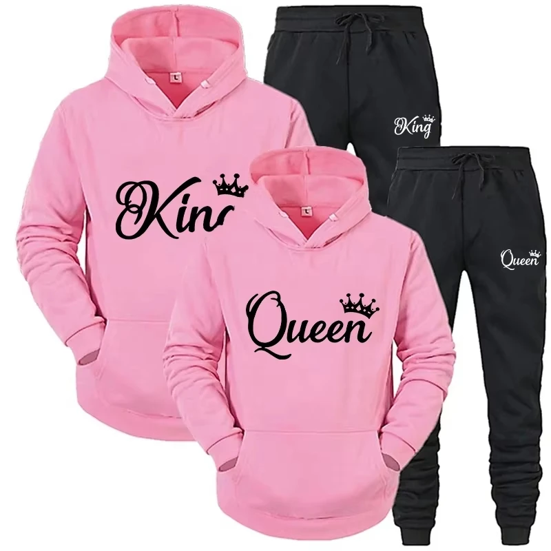 

Fashion KING and QUEEN Printed Hooded Suits Autumn Winter Couple Hoodie + Pants 2-piece Suit