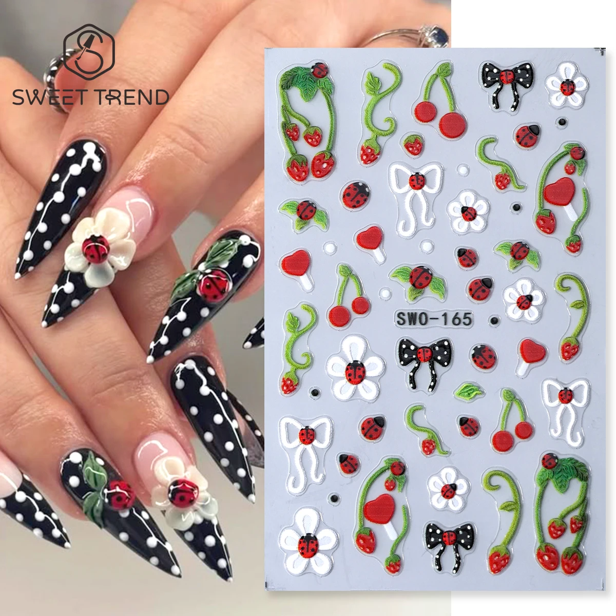 Nail Art Strawberry - Marienkäfer-Blumen-Nagelaufkleber mit Matter Textur, Niedliches Kirsch-Erdbeer-Blatt-Design,
