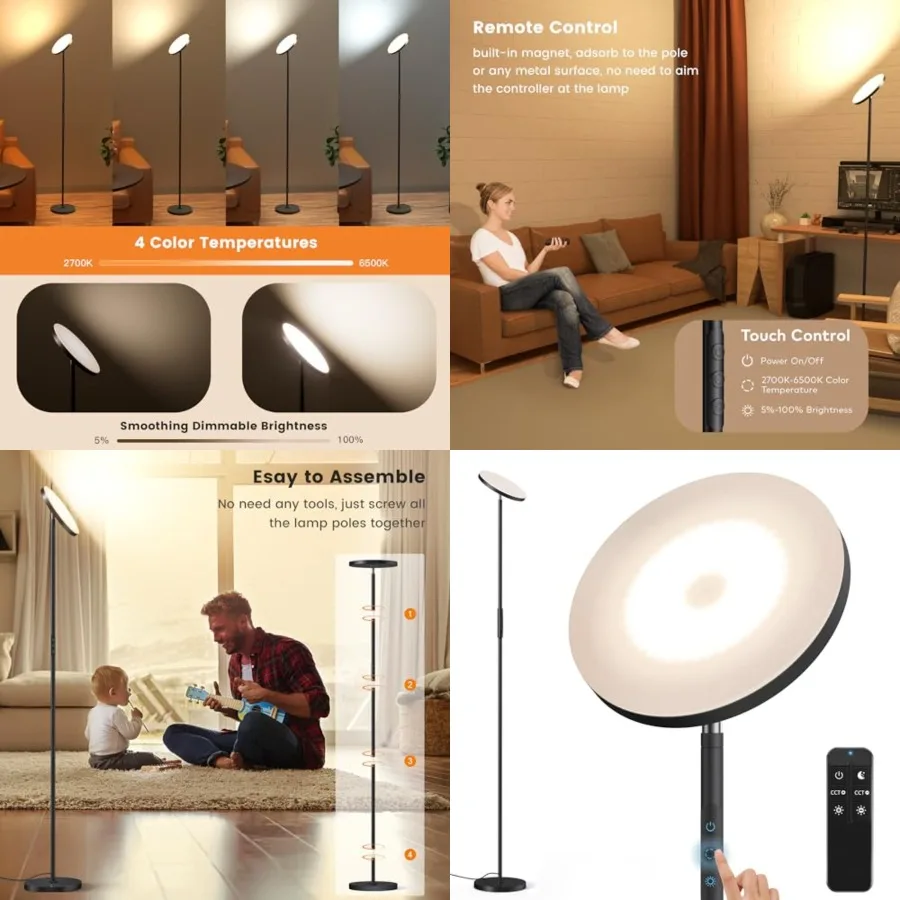

Bright Floor Lamp, 36W 3500LM Standing LED Lamp with Remote, Dimmable Tall Lights 2700K Warm to 6500K Cool, Night Mode/Memory F