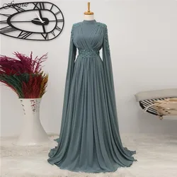 Funyue A-Line Chiffon Appliques Beads Prom Dresses Long Muslim Evening Gowns Dubai Arabic Formal Wedding Guest Dresses for Women