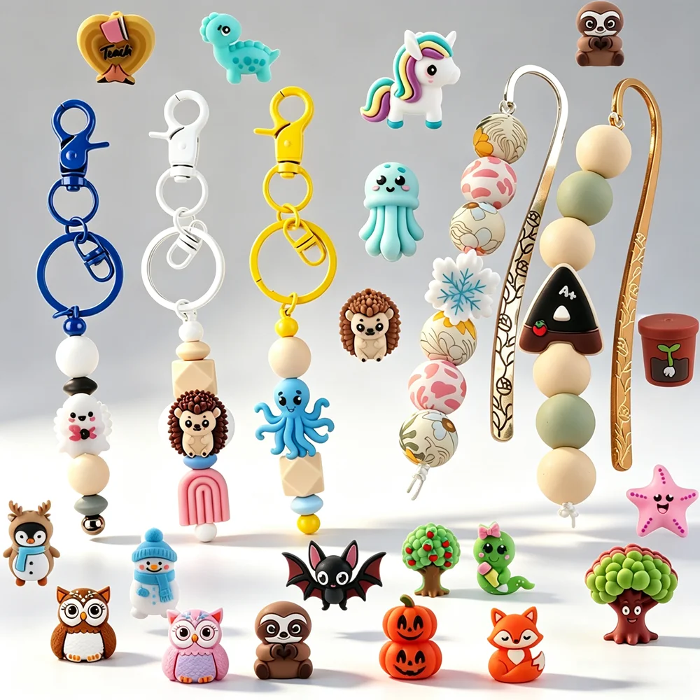 6pcs/Lot New 3D Silicone Focus Bead Penguin Owl Hedgehog Snowman Dinosaur Fox Bat Ghost Unicorn DIY for Jewelry Making Keychain