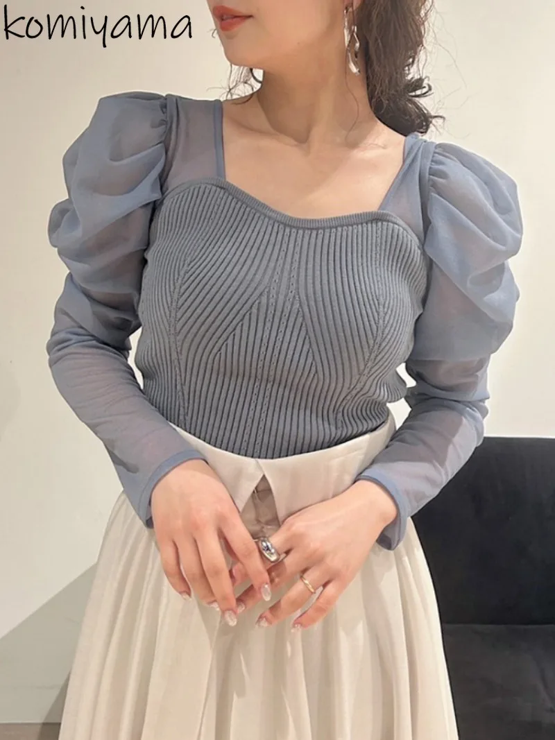 Puff Long Sleeve Ropa Mujer Japan Feminino Sexy Backless Sweater Square Collar Pullover Spring Womens Clothing 2025 Knitwears