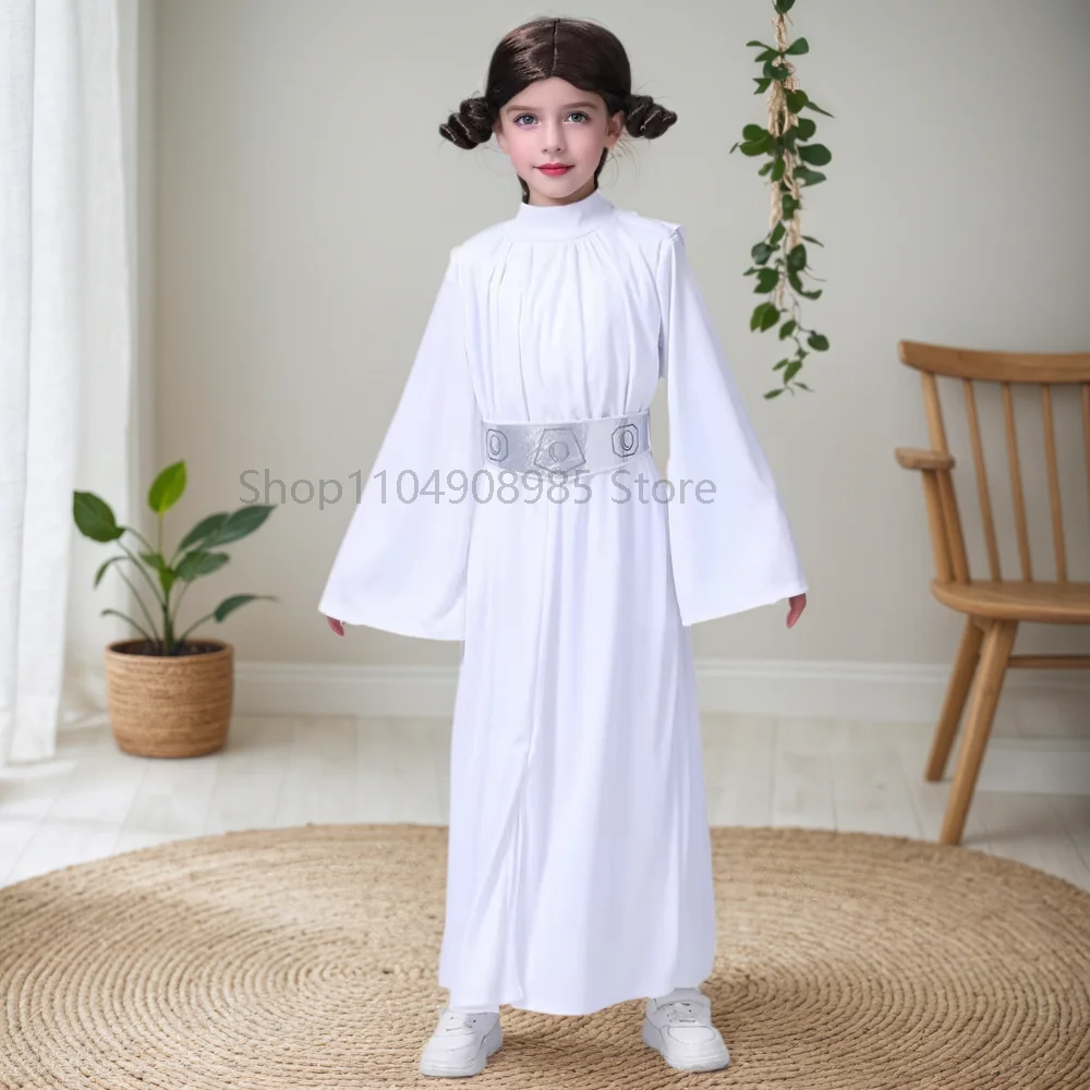 

Girls Princess Cosplay Fancy-dress White Hooded Robe Children Gift Outfit With Wig Carnival Holiday Party Costume