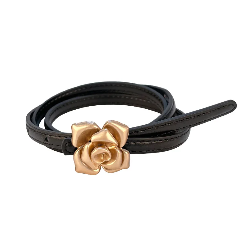 Romantic Women Slim Leather Waist Belt Rose Flower Metal Buckle Elegant Waistband for Dress Coat Office Daily Wear