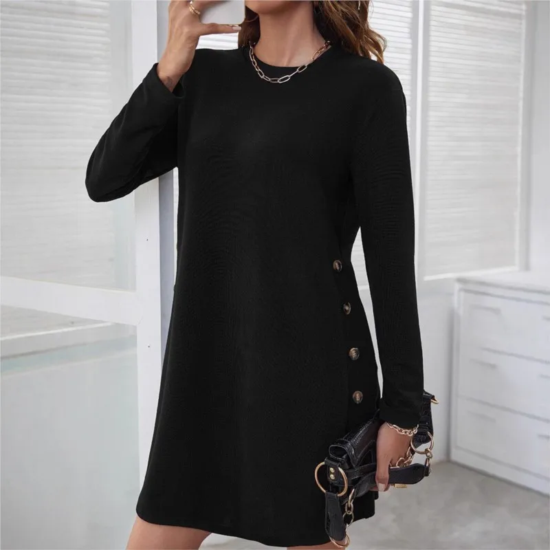 Robe décontractée à manches longues et col rond pour femme, vêtement ample et simple, couleur unie, à la mode, pour les déplacements, automne et hiver