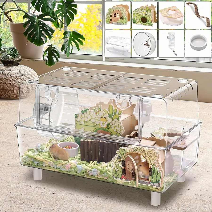 

Acrylic Hamster Cage with All Accessories,Dwarf Hamster Cage with Stand,19.84''L*11.42''W*10.39''H Syrian Mouse Cage for pet mic