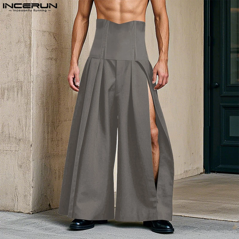 

INCERUN Men Pants Solid Color High Waist Joggers Loose Hollow Out Trousers Men Streetwear 2025 Pleated Casual Wide Leg Pants Men