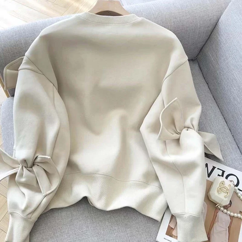 EBAIHUI New Bow Tie O-neck Loose Women Sweatshirt Autumn Winter Causal Long Sleeve Pullover Fashion Chic Ladies Tops