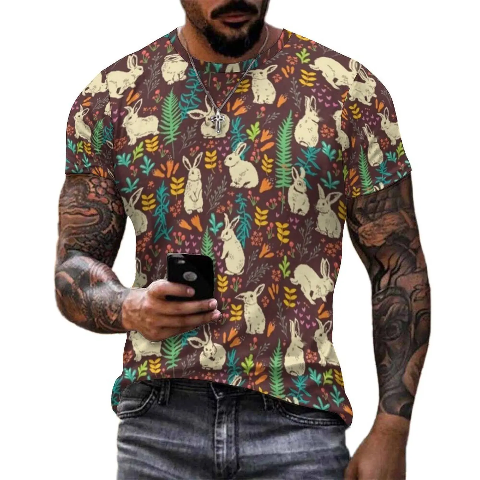 Oversized T Shirt Original Happy Easter T-Shirts Floral Pattern With White Rabbits Casual Tee Shirt Man Popular Design Tees